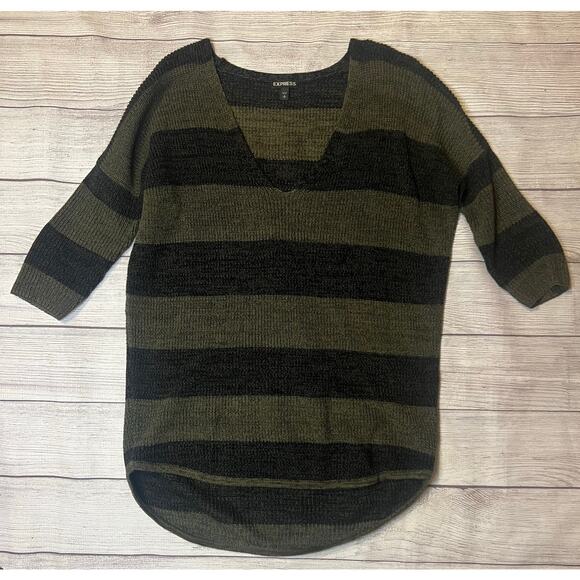 Express Women’s Small Sweater Olive Green Black Striped Short Sleeve V-Neck - Picture 1 of 6